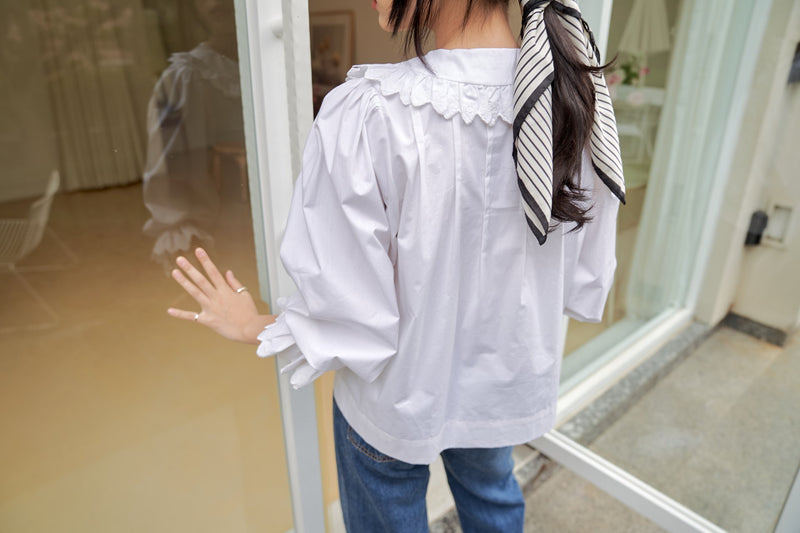 RUFFLE SHAWL COLLAR COTTON BLOUSE