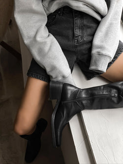 BLACK CINCH BACK DETAIL DENIM SHORTS