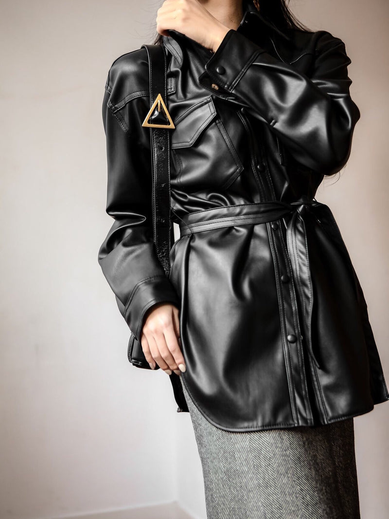 BELTED VEGAN LEATHER SHIRT