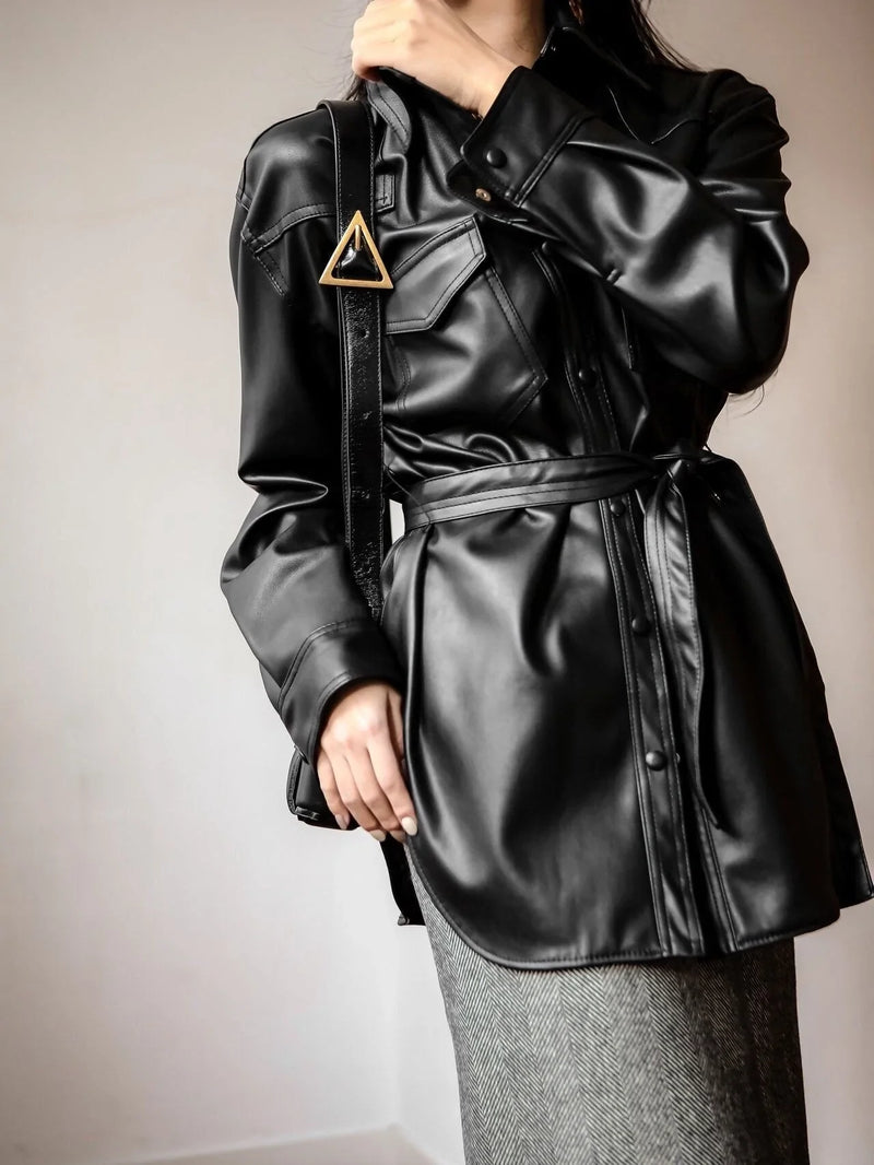 BELTED VEGAN LEATHER SHIRT