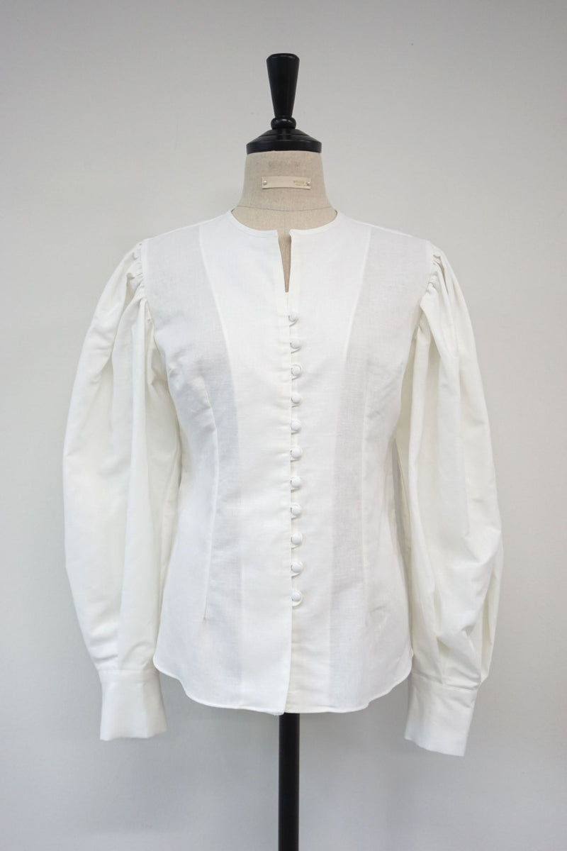 COLLARLESS LINEN BALLOON SLEEVE BLOUSE