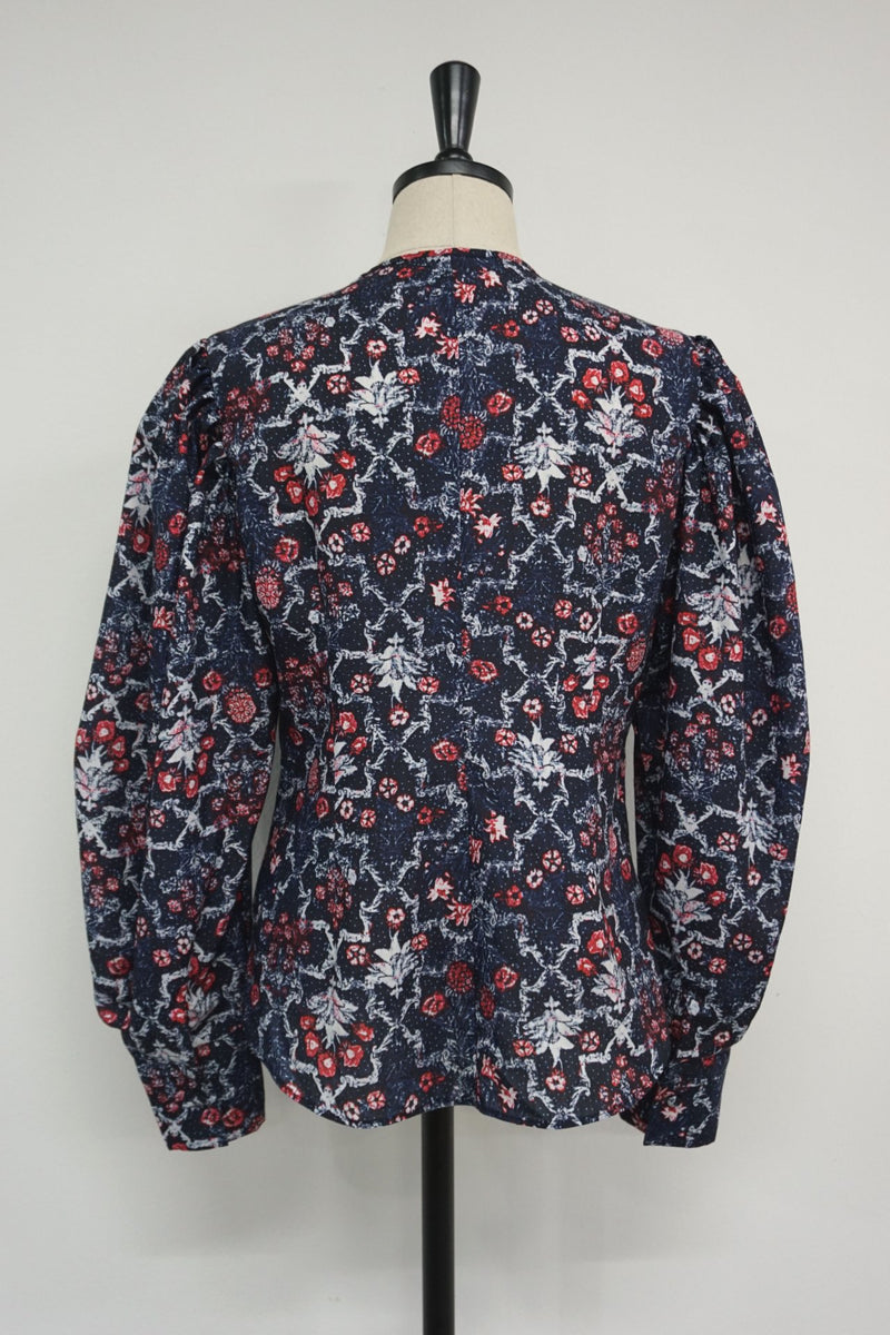 COLLARLESS LINEN BALLOON SLEEVE BLOUSE
