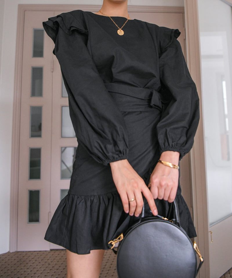 BALLOON SLEEVE RUFFLE DRESS