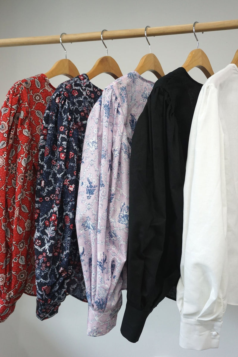 COLLARLESS LINEN BALLOON SLEEVE BLOUSE