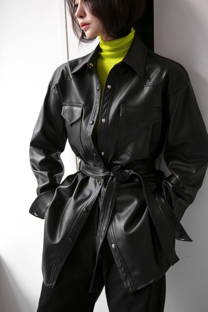 BELTED VEGAN LEATHER SHIRT