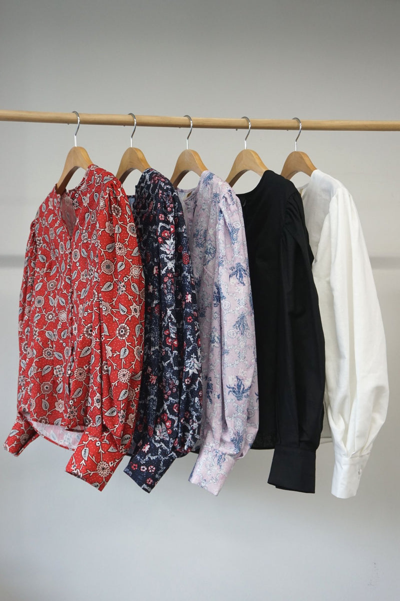 COLLARLESS LINEN BALLOON SLEEVE BLOUSE