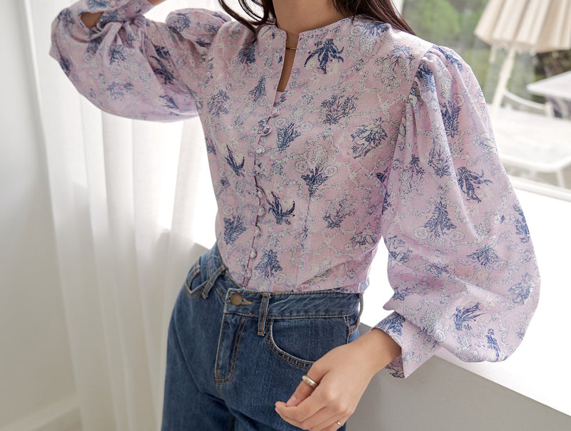 COLLARLESS LINEN BALLOON SLEEVE BLOUSE