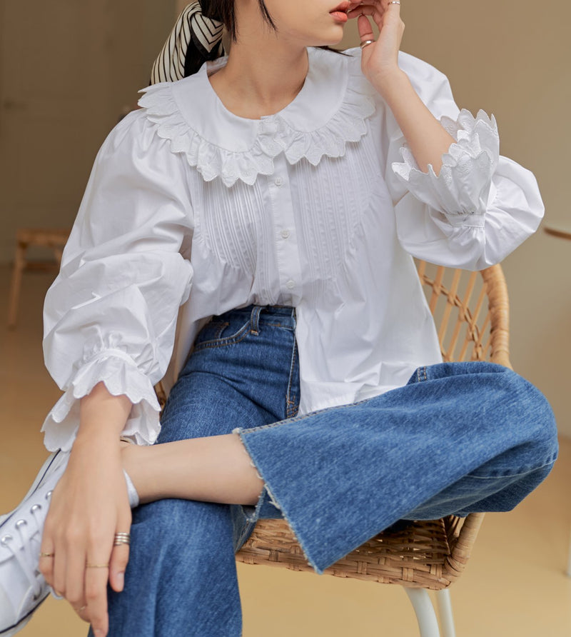 RUFFLE SHAWL COLLAR COTTON BLOUSE