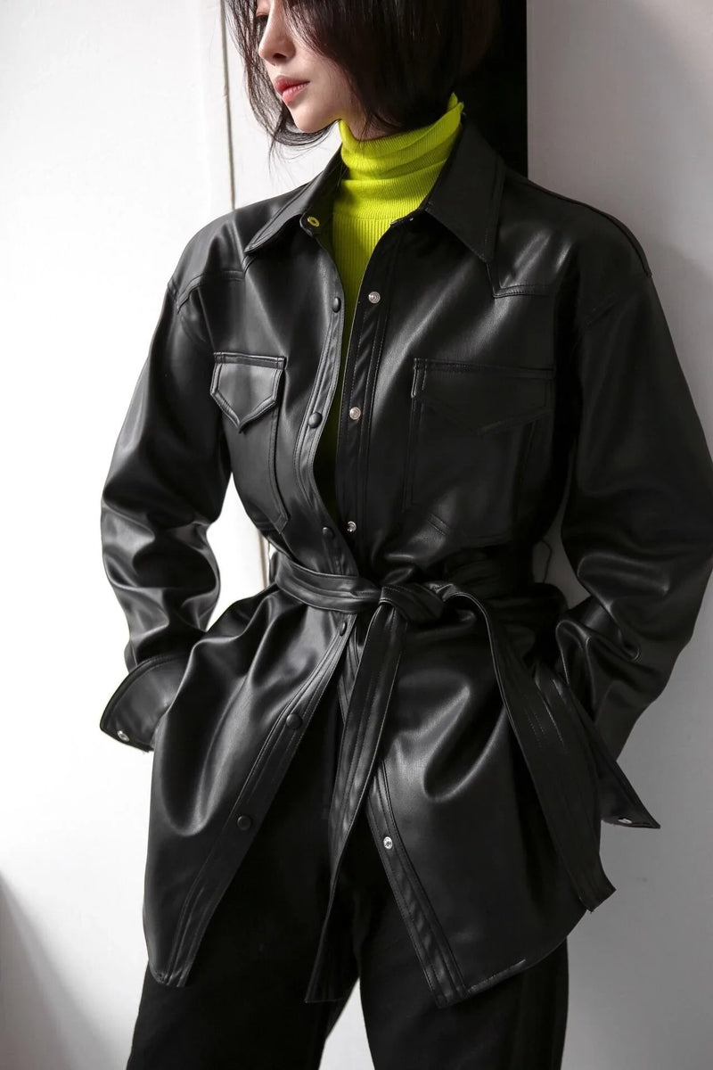 BELTED VEGAN LEATHER SHIRT