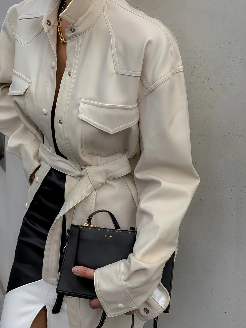 BELTED VEGAN LEATHER SHIRT