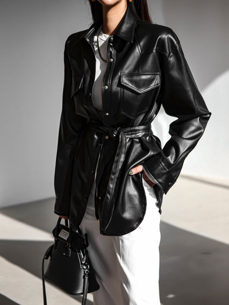 BELTED VEGAN LEATHER SHIRT