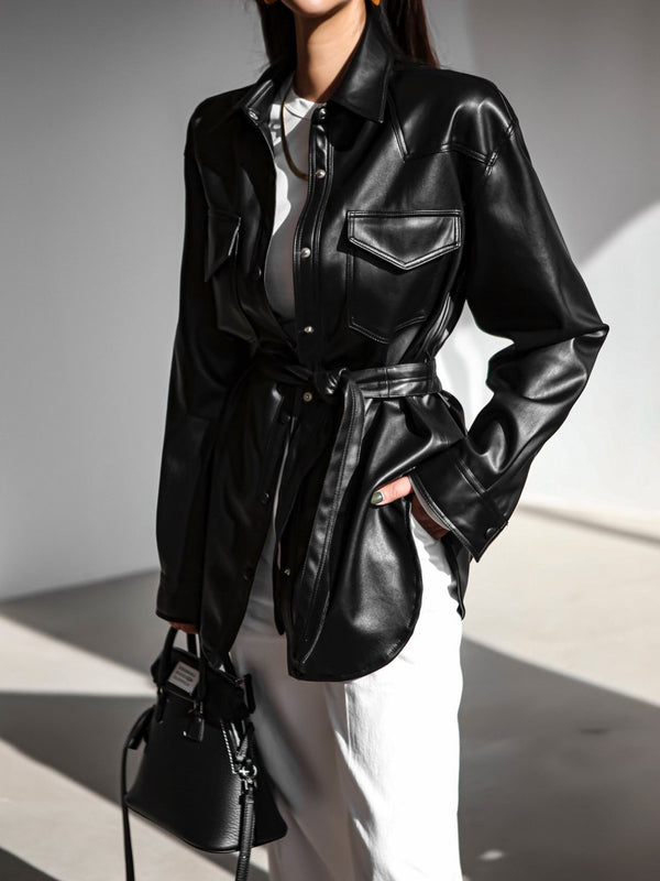 BELTED VEGAN LEATHER SHIRT