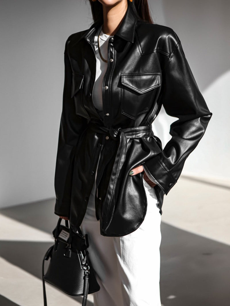 BELTED VEGAN LEATHER SHIRT