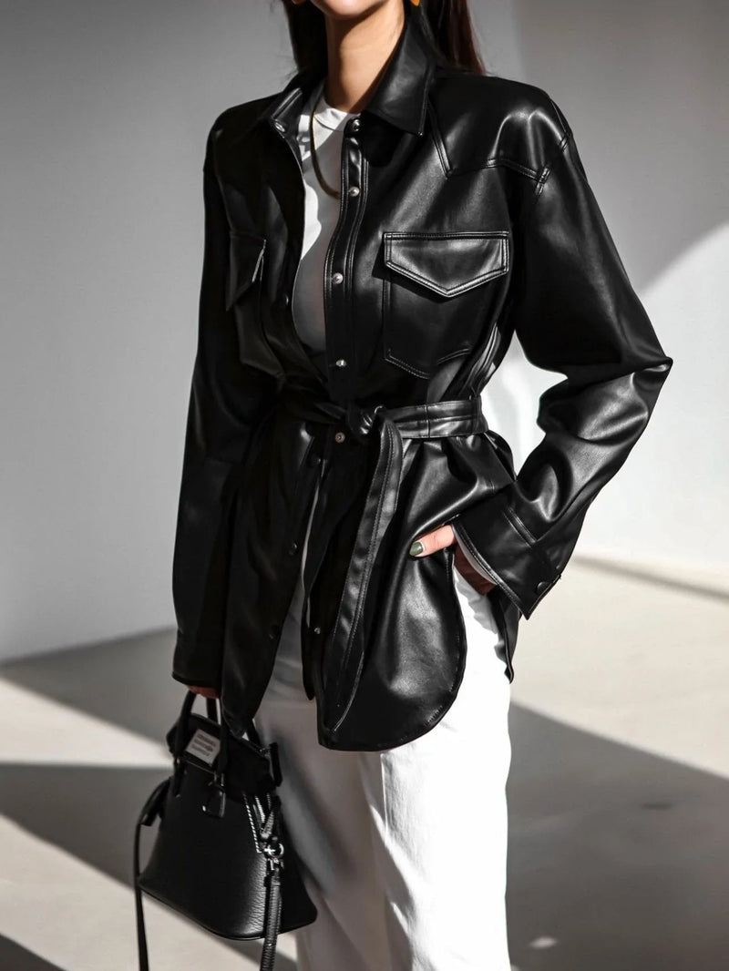 BELTED VEGAN LEATHER SHIRT
