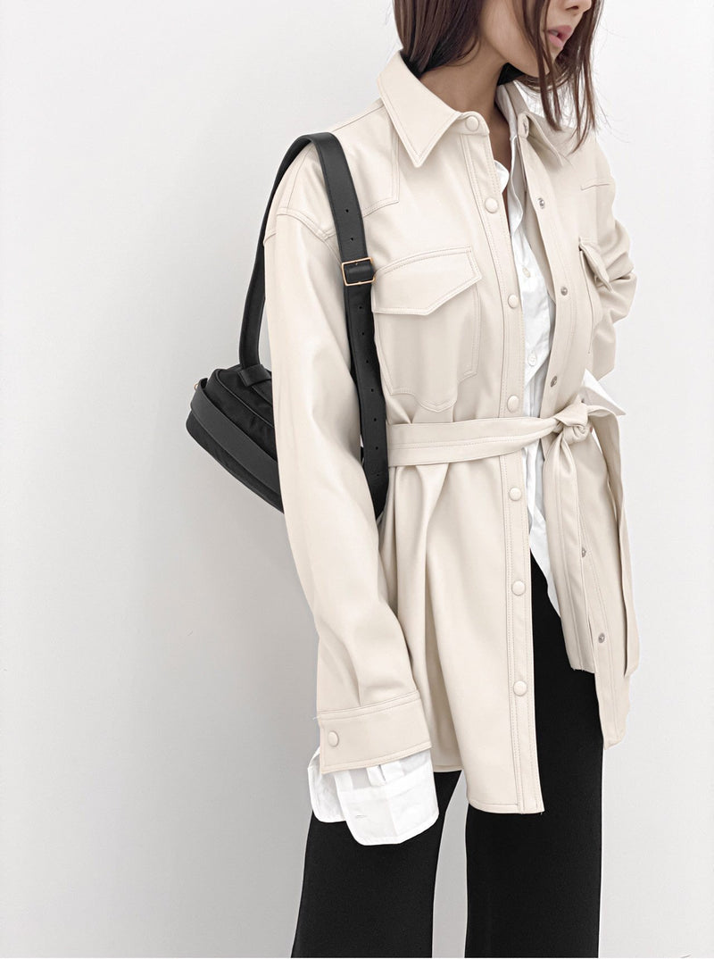 BELTED VEGAN LEATHER SHIRT