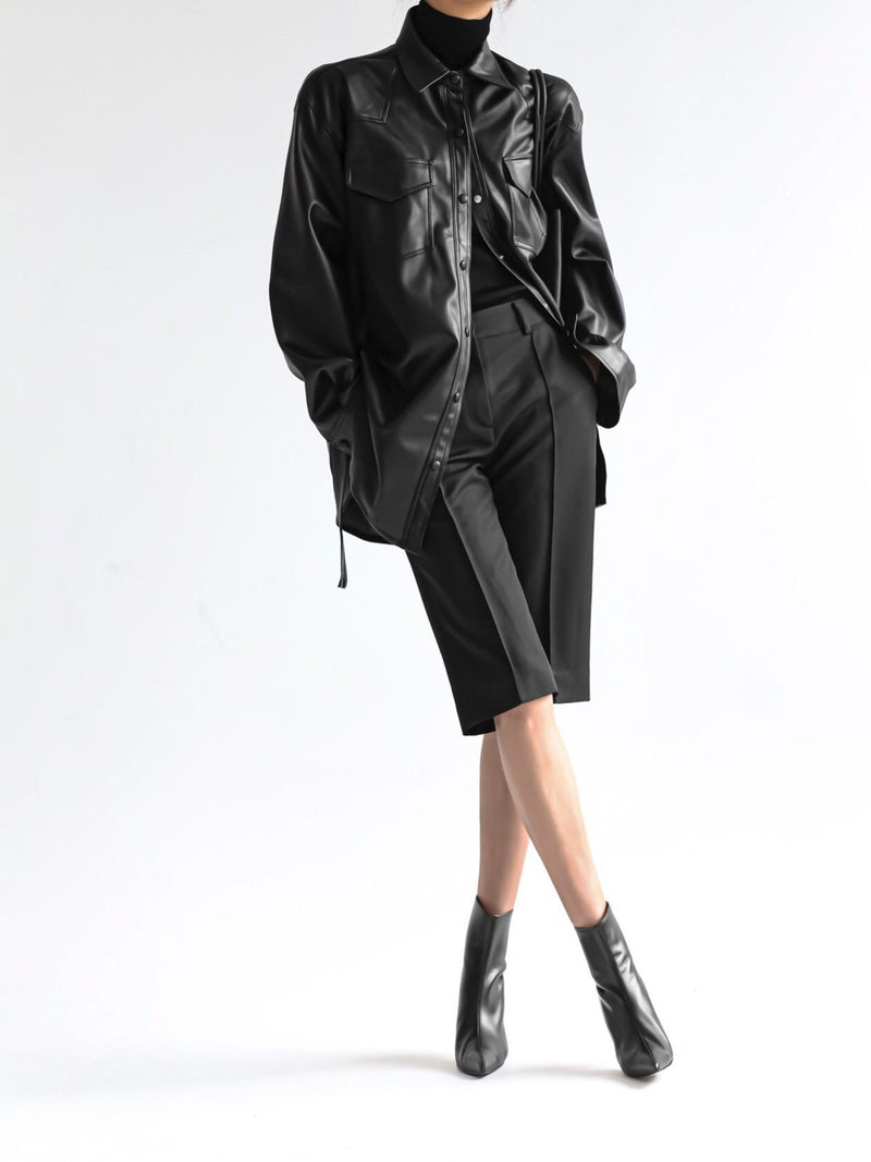 BELTED VEGAN LEATHER SHIRT