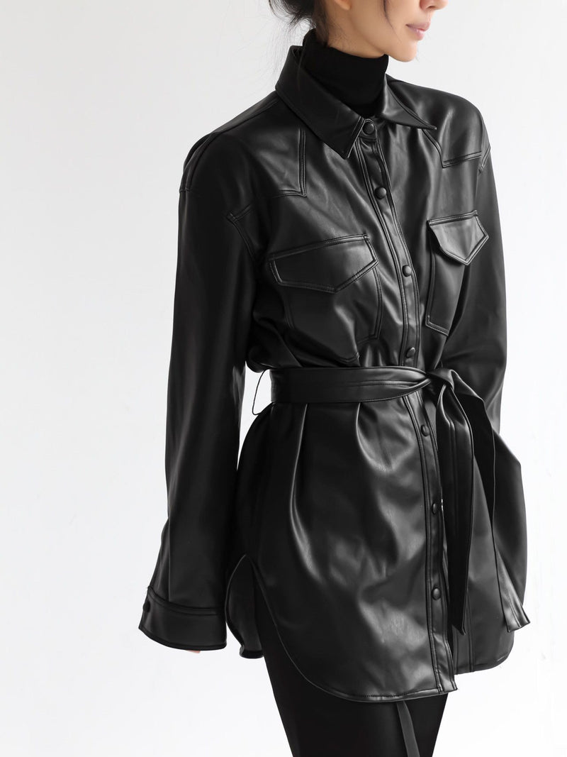BELTED VEGAN LEATHER SHIRT