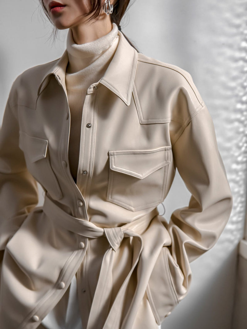 BELTED VEGAN LEATHER SHIRT