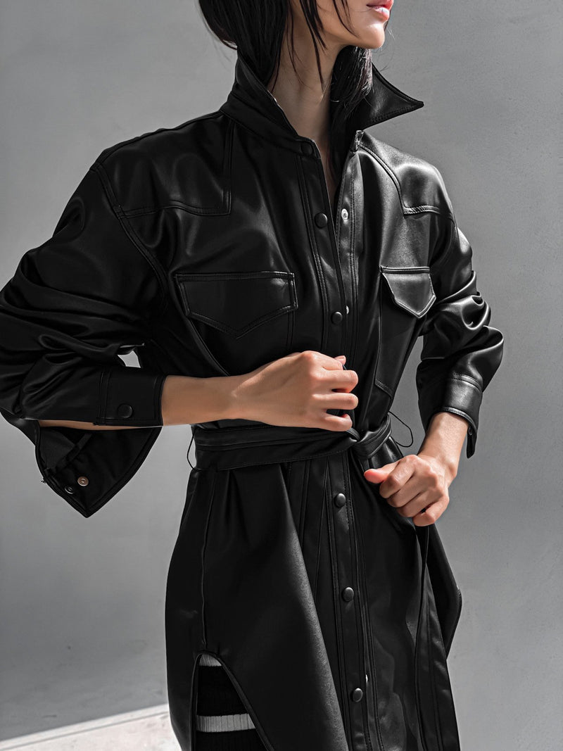BELTED VEGAN LEATHER SHIRT