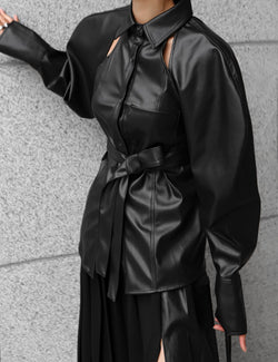 VEGAN LEATHER CUT-OUT DETAIL SHIRT