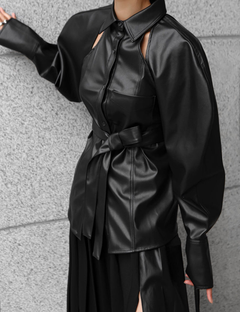VEGAN LEATHER CUT-OUT DETAIL SHIRT