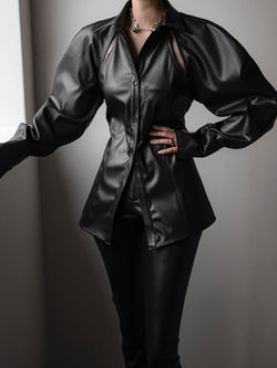 VEGAN LEATHER CUT-OUT DETAIL SHIRT
