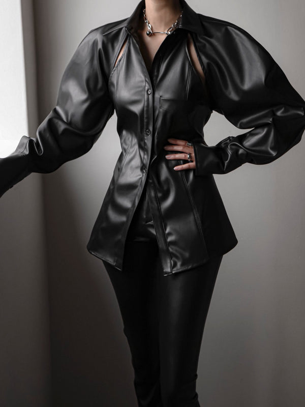 VEGAN LEATHER CUT-OUT DETAIL SHIRT
