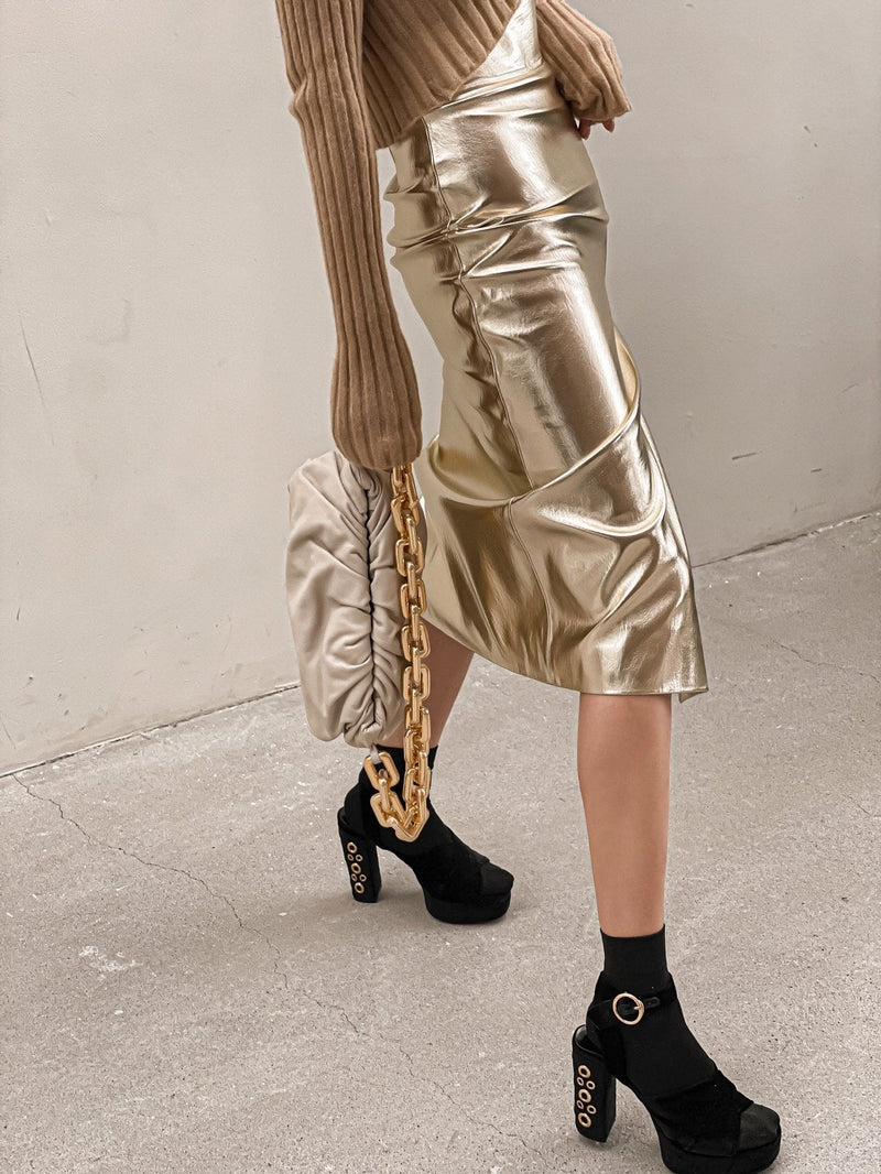 METALLIC VEGAN LEATHER PENCIL SKIRT