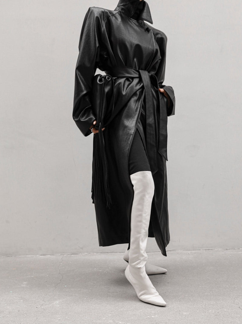 PADDED SHOULDER VEGAN LEATHER TRENCH COAT