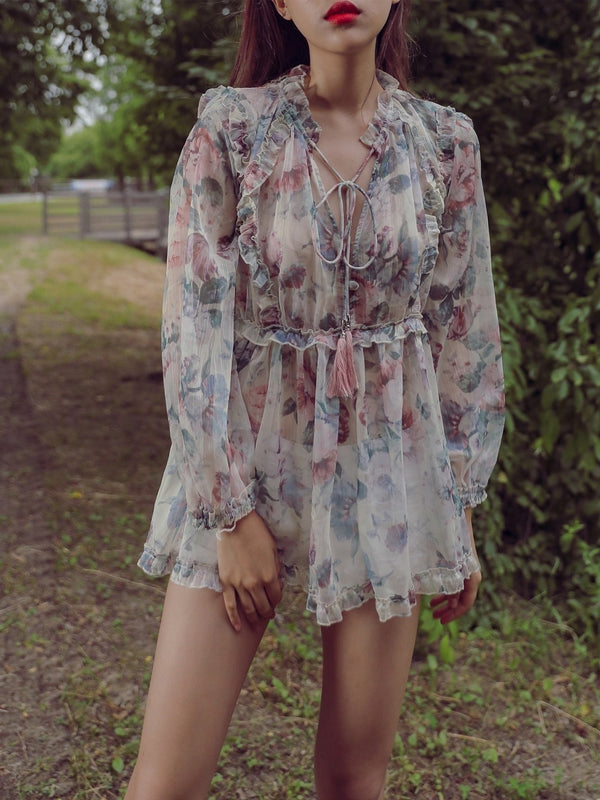 LONG SLEEVE RUFFLE FLORAL BLOUSE