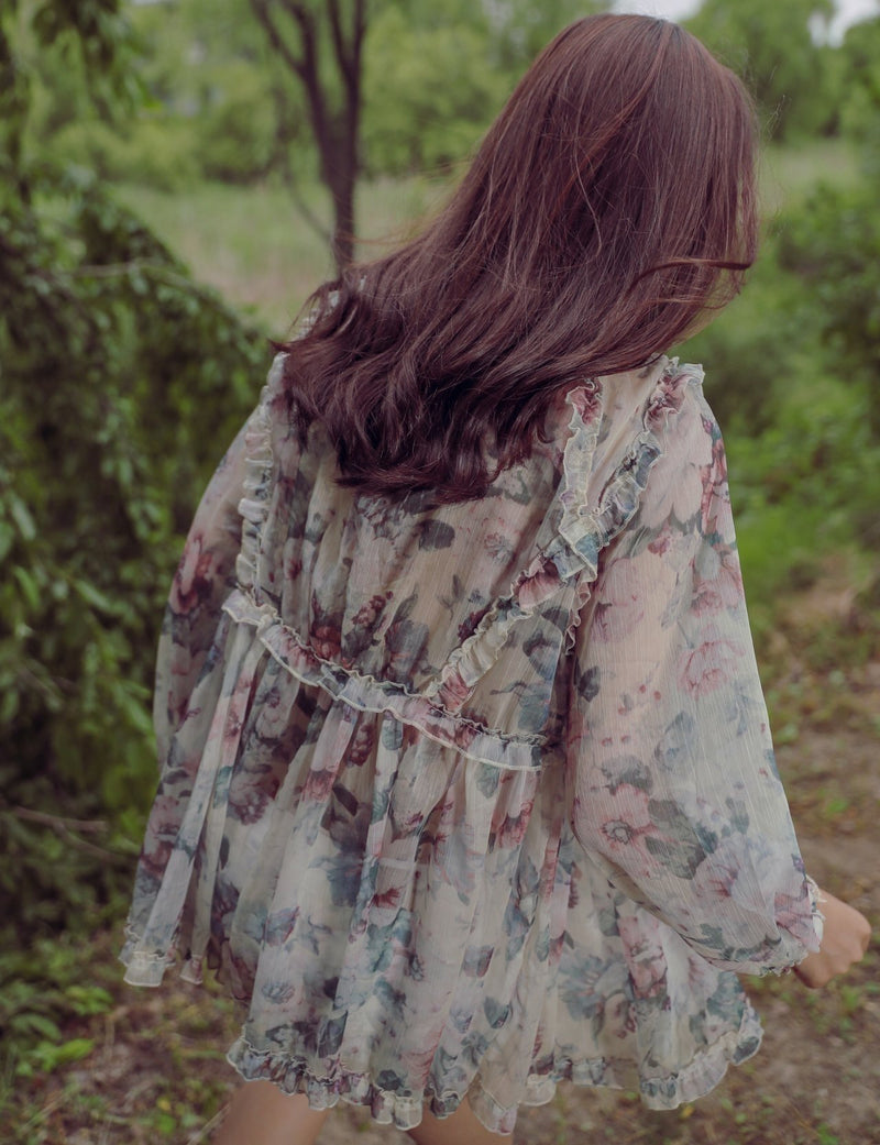 LONG SLEEVE RUFFLE FLORAL BLOUSE