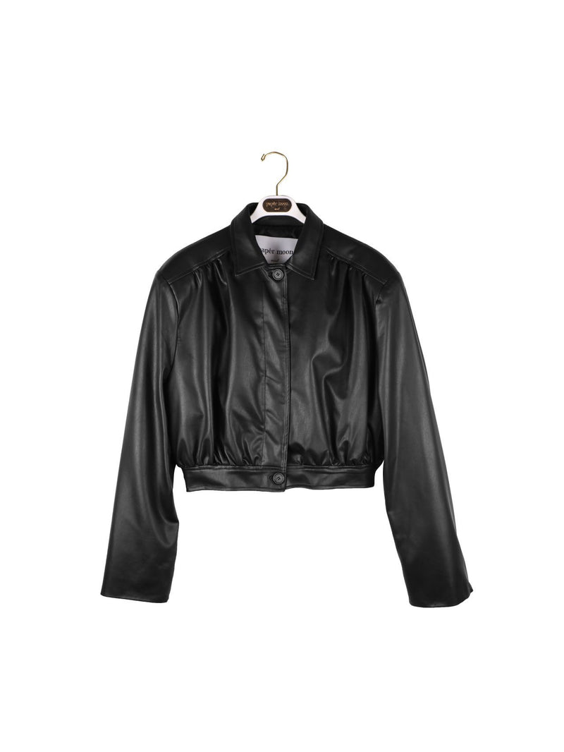 Shirred Shoulder Vegan Leather Cropped Jacket
