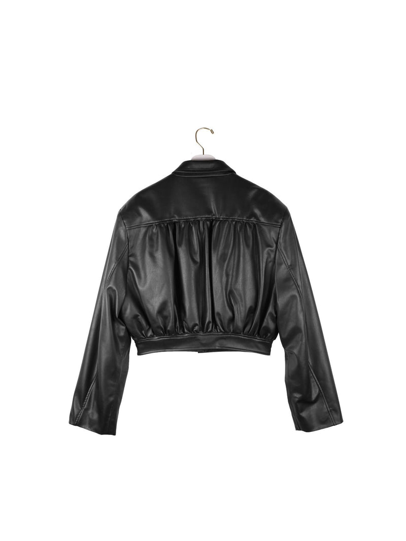 Shirred Shoulder Vegan Leather Cropped Jacket