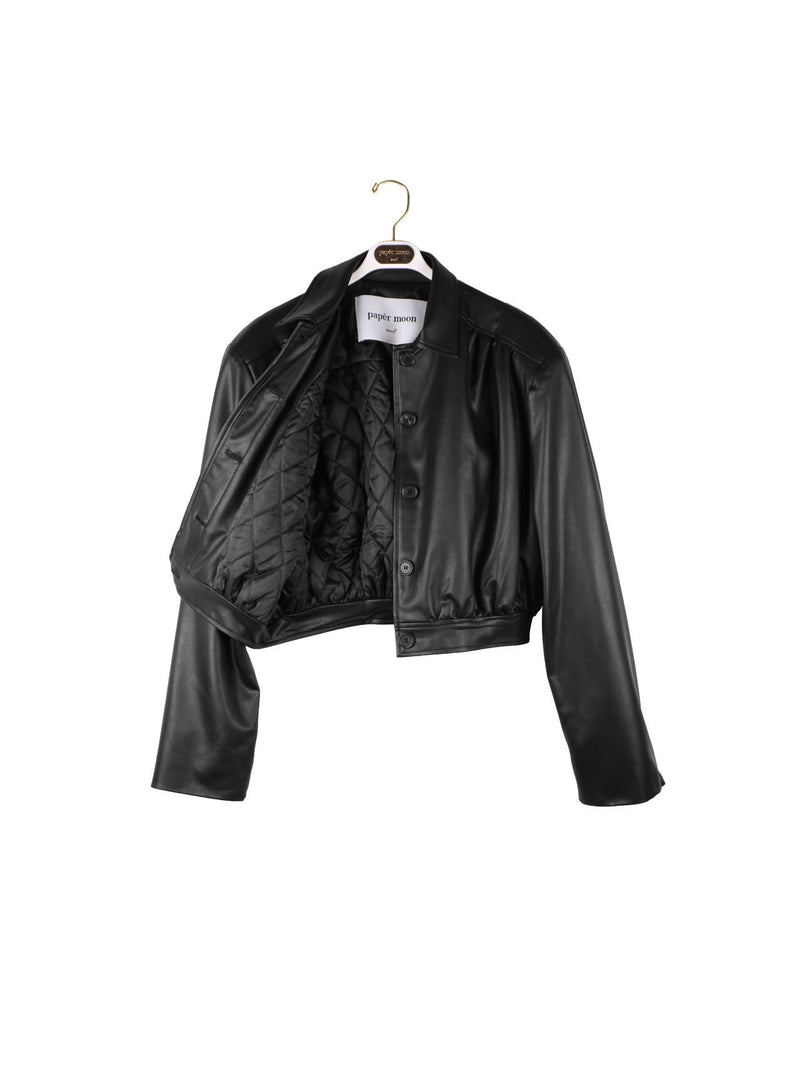 Shirred Shoulder Vegan Leather Cropped Jacket