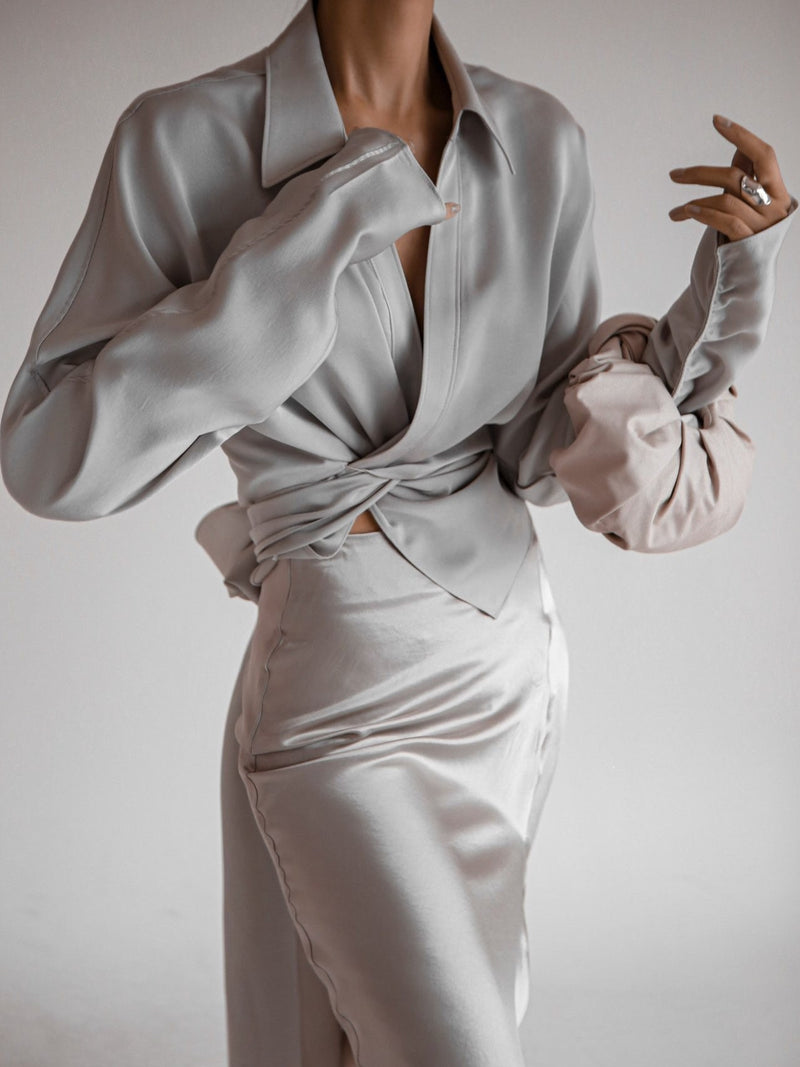 SILKY LONG SLEEVE WRAP BLOUSE