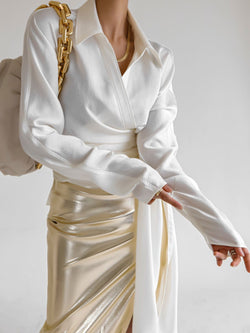 SILKY LONG SLEEVE WRAP BLOUSE