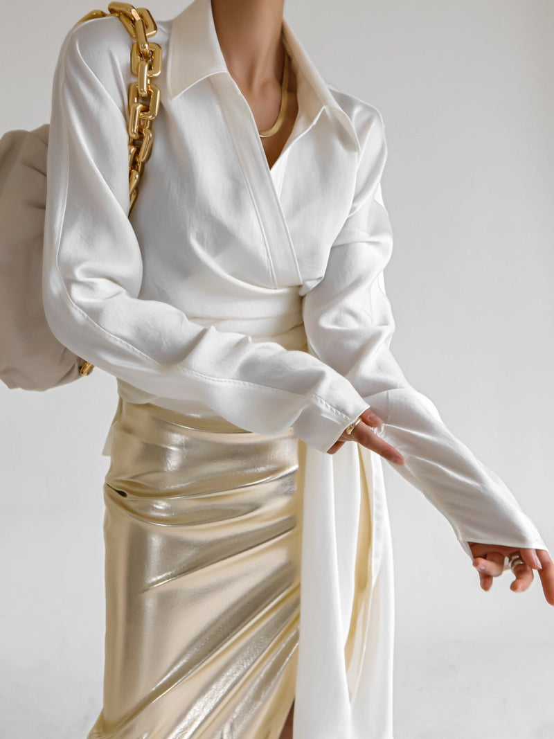 SILKY LONG SLEEVE WRAP BLOUSE
