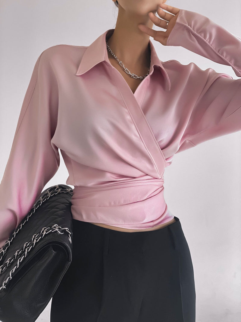 SILKY LONG SLEEVE WRAP BLOUSE