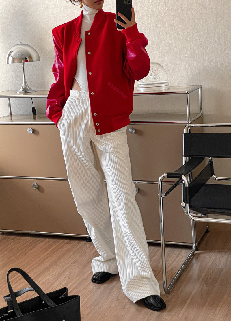LEATHER SLEEVE WOOL STADIUM JACKET