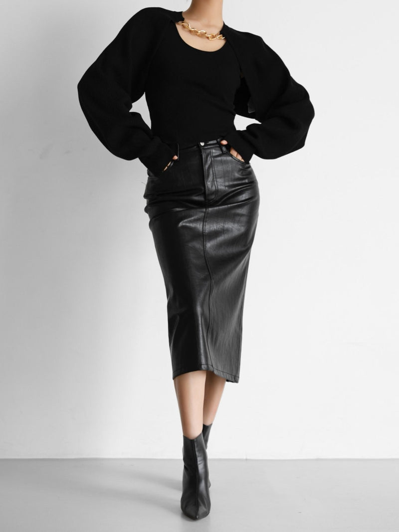 VEGAN LEATHER MIDI SKIRT