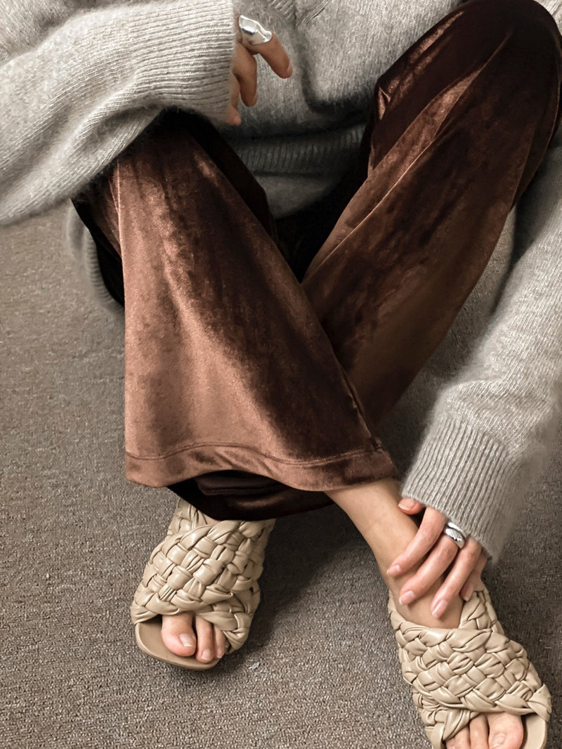 BANDED WIDE LEG VELVET PANTS